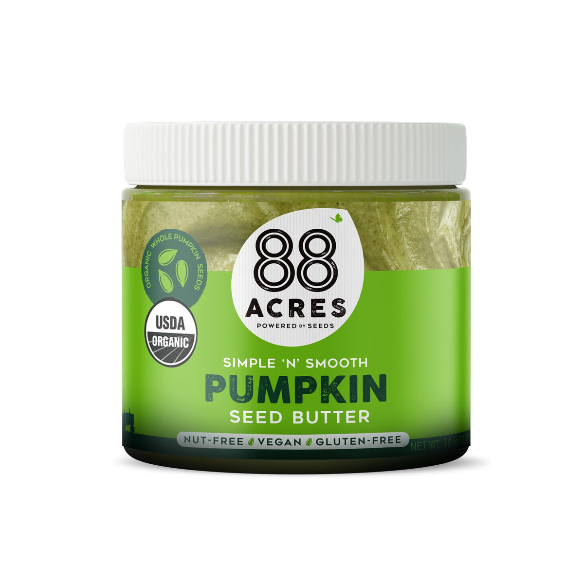 88 Acres pumpkin seed butter 2-pack jars offer creamy, easy spreading.