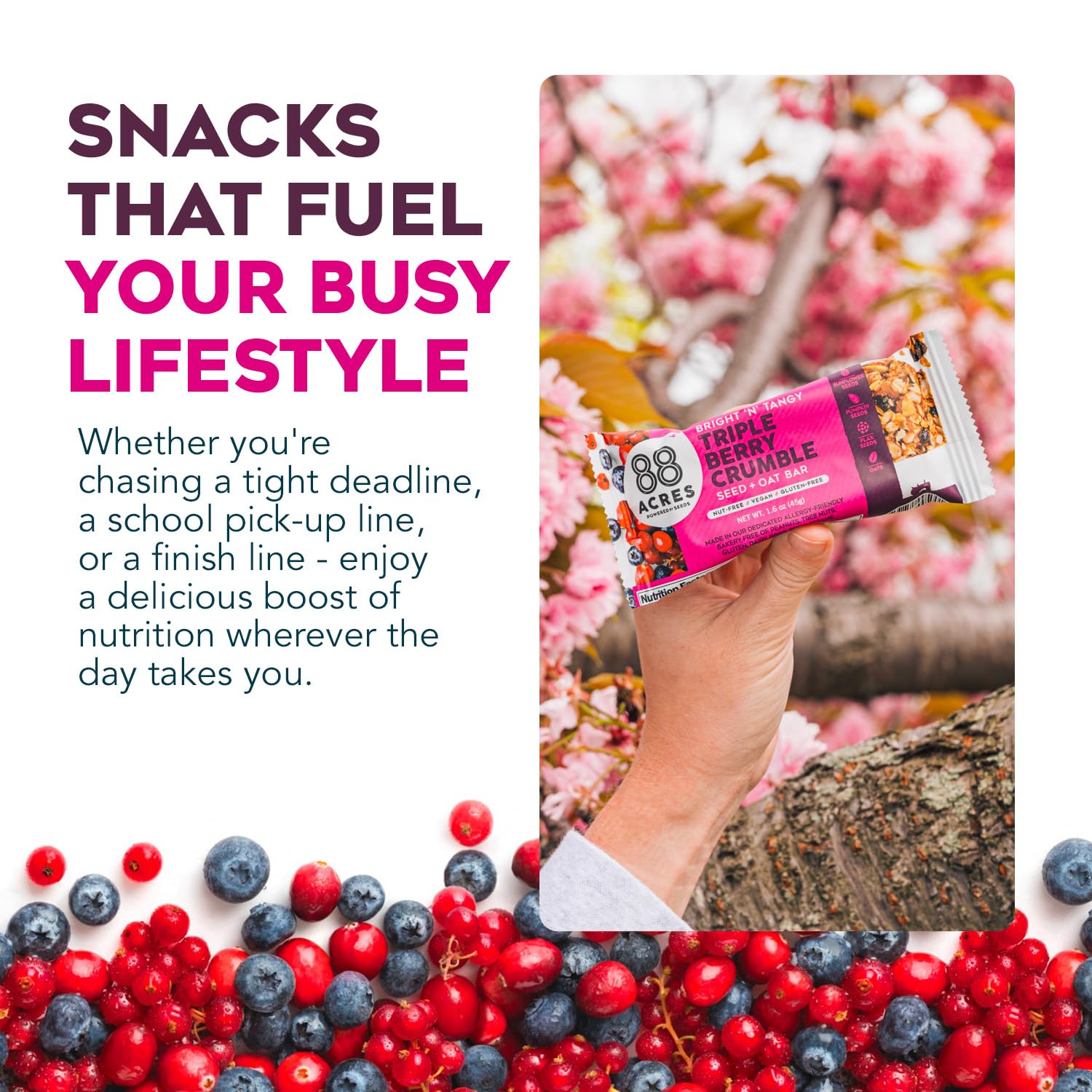88 Acres allergen-free snack label, highlighting gluten- and nut-free safety.