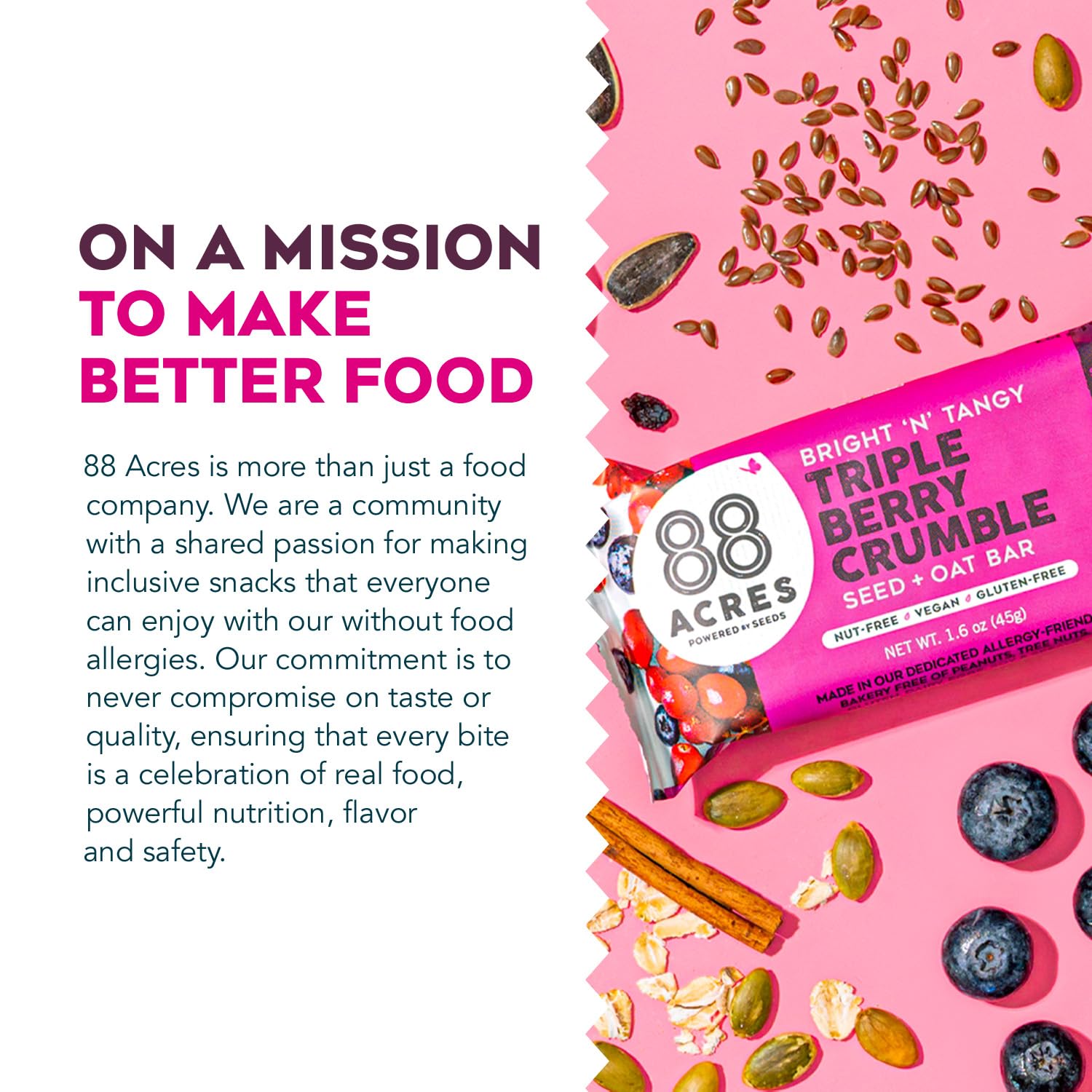 88 Acres Triple Berry Crumble Bar ingredients image featuring gluten-free oats and seeds.