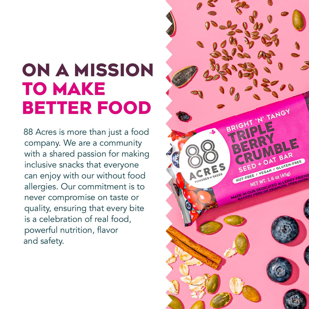 88 Acres Triple Berry Crumble Bar ingredients image featuring gluten-free oats and seeds.