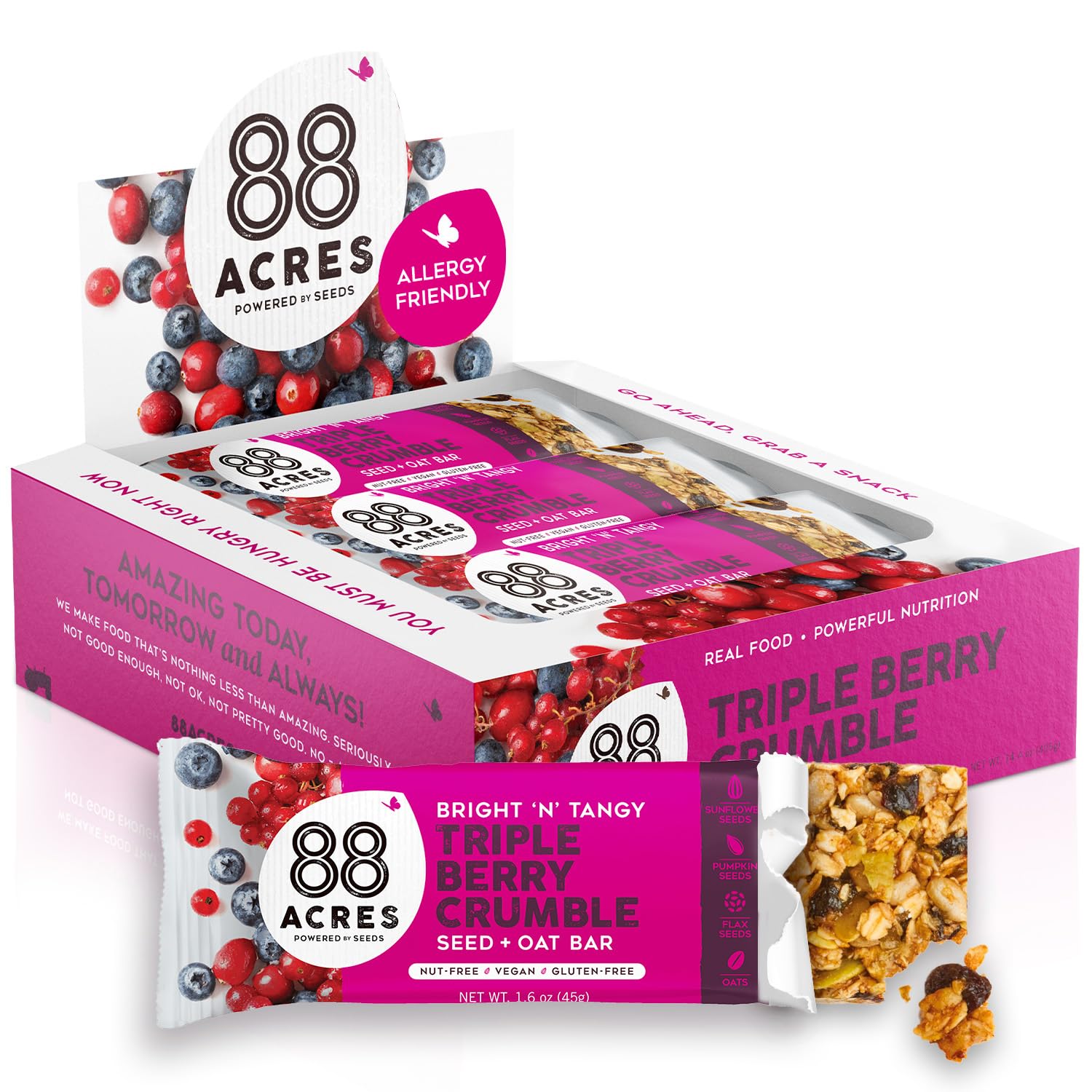 88 Acres Triple Berry Crumble Bar packaging, ideal for on-the-go snacking and school-safe options.