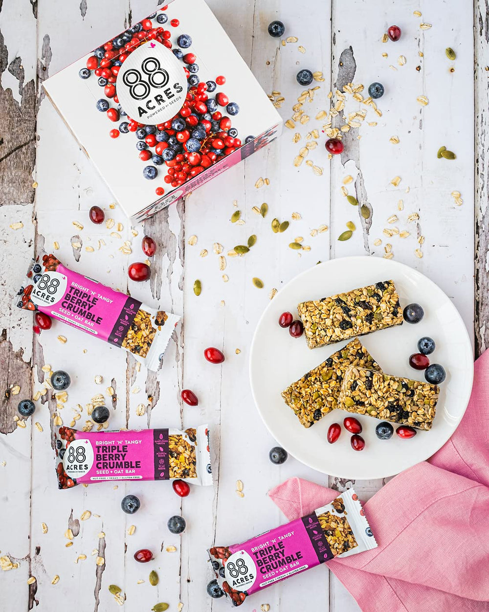 88 Acres school-safe lunchbox idea featuring Triple Berry Crumble Bar for busy days.