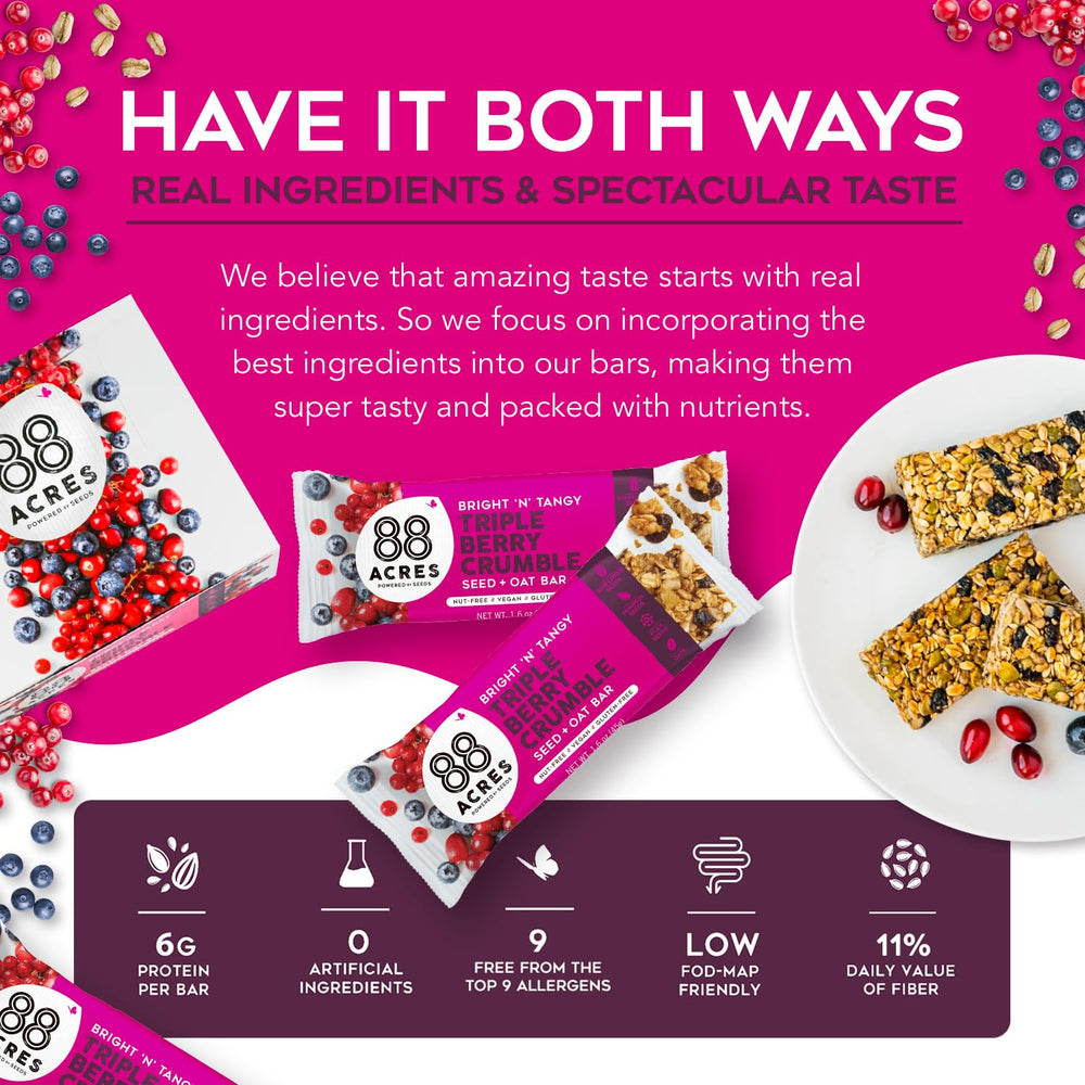 88 Acres bar showing seeds and oats, emphasizing plant-based energy and wholesome ingredients.