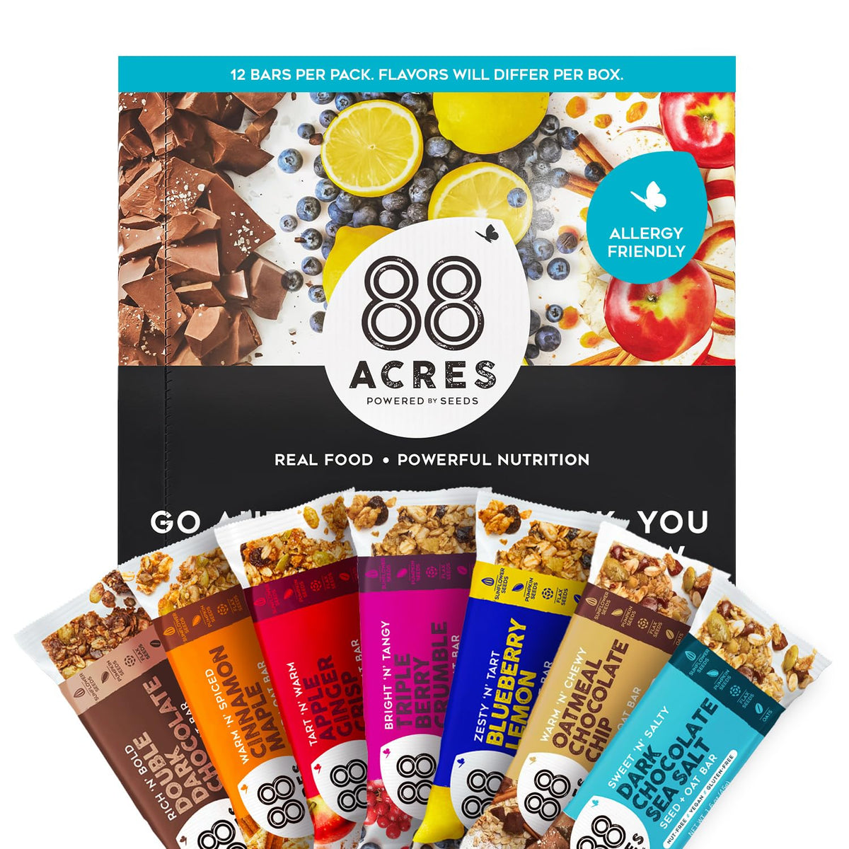 88 Acres variety pack 12 bars on shelf, convenient school-safe snack.