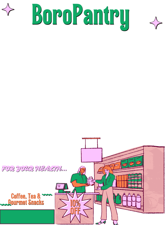 Cartoon illustration of a grocery store with two people at the counter, featuring 'BoroPantry' branding.