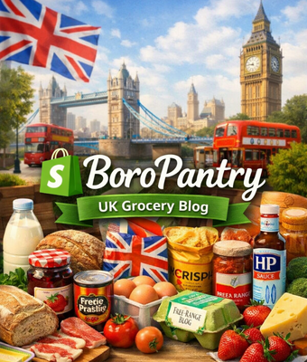 BoroPantry UK grocery blog banner featuring British food products, fresh groceries, pantry staples, and London landmarks representing a UK online grocery store and food blog.