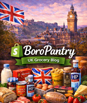 BoroPantry UK grocery blog banner showing British pantry foods, fresh groceries, and Union Jack flag with UK city skyline representing an online UK grocery store and food blog.