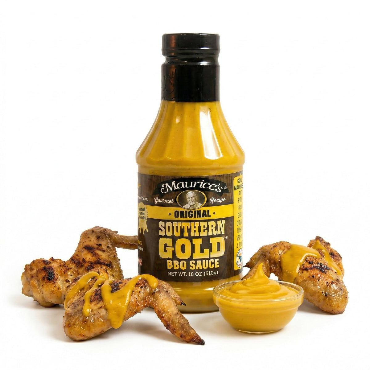 Maurice’s Southern Gold BBQ Sauce bottle front showing mustard-forward flavor for grilled meats.