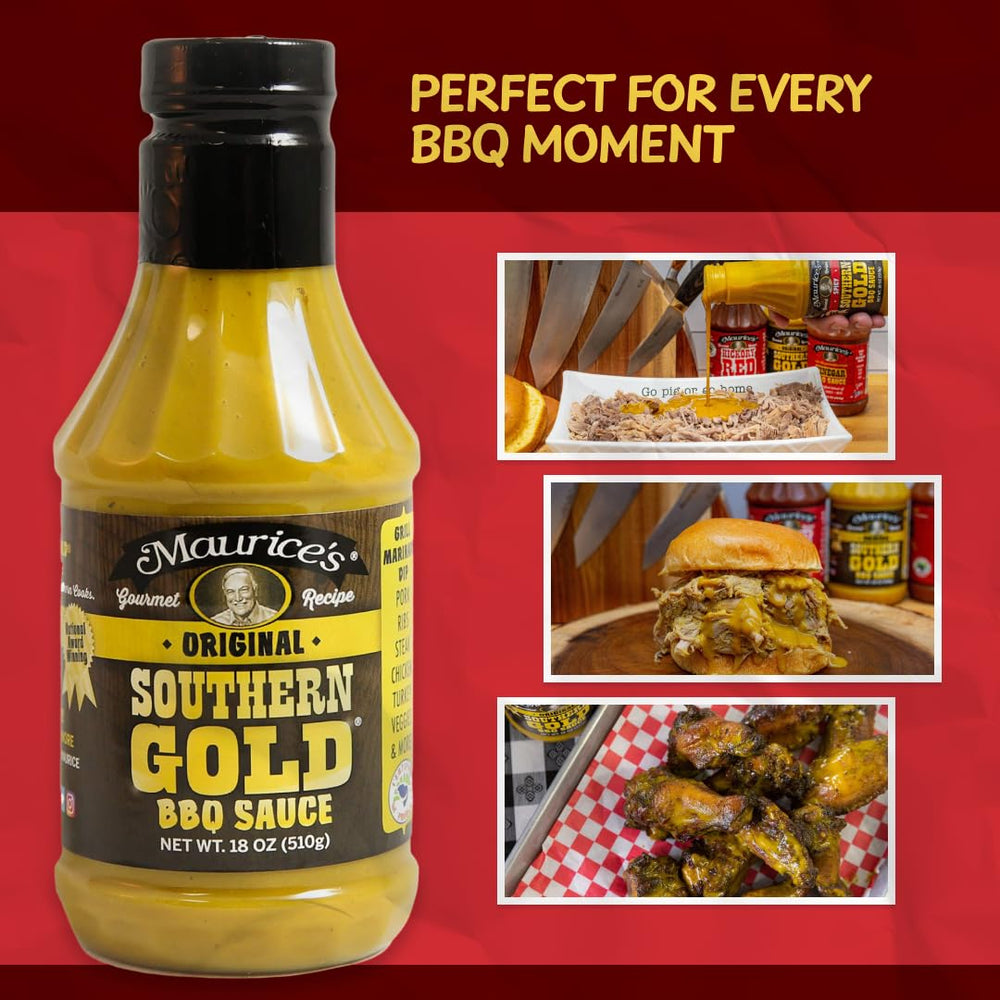 Maurice’s Southern Gold BBQ Sauce West Columbia smokehouse batch label, authentic regional flavor.