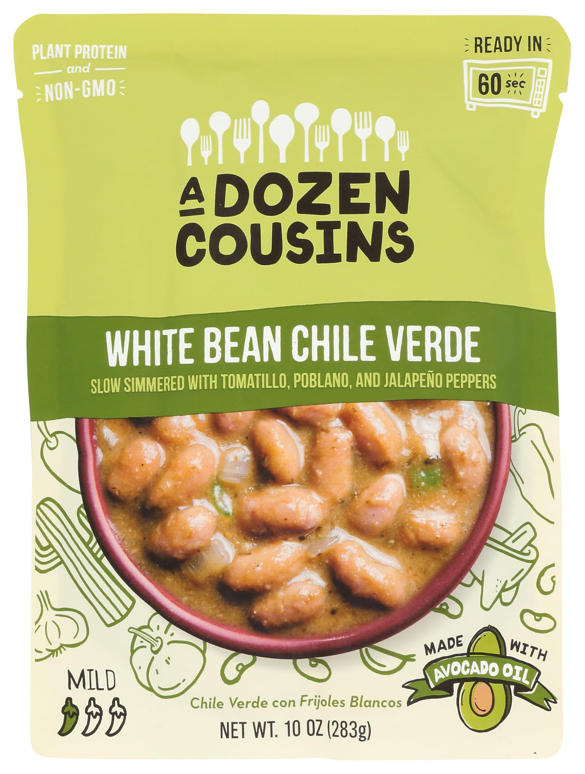 A Dozen Cousins Beans White Chile Verde can with premium ingredients ready to heat for quick meals.