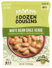 A Dozen Cousins Beans White Chile Verde can with premium ingredients ready to heat for quick meals.