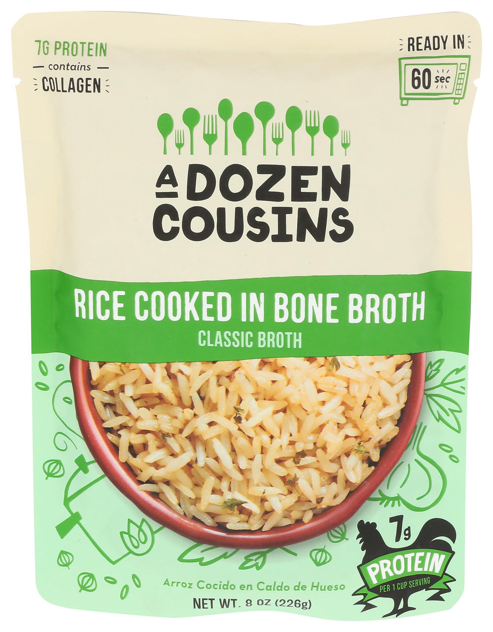 A Dozen Cousins Classic Chicken Bone Broth Rice 8oz pack shot highlighting clean ingredients.