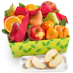 A Gift Inside All the Best Fruit Basket cover with ribbon, ideal for gifting