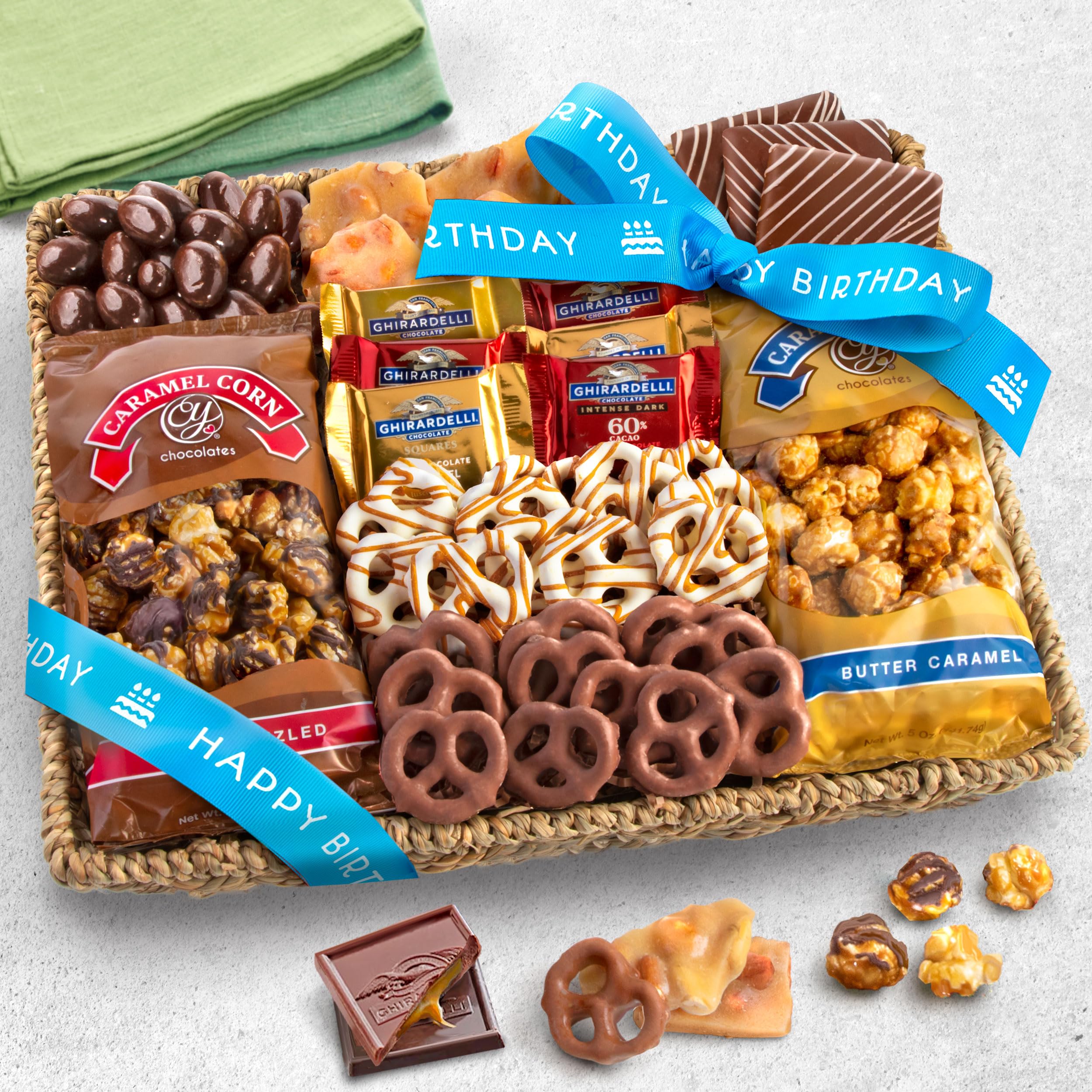 A Gift Inside birthday basket with Happy Birthday ribbon, ideal for office celebrations.