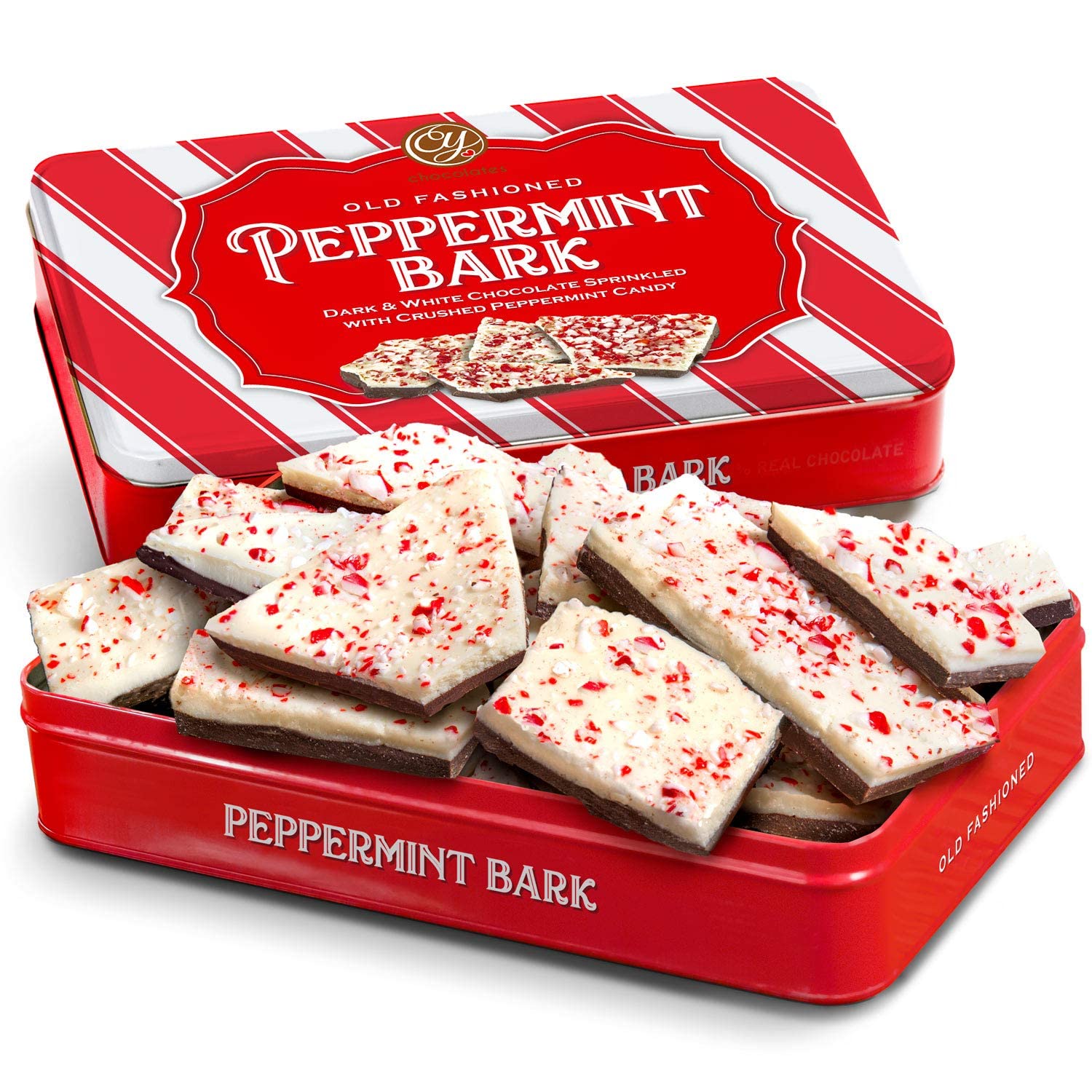 A Gift Inside CY Chocolates peppermint bark tin with dark and white layers, ideal holiday gift.