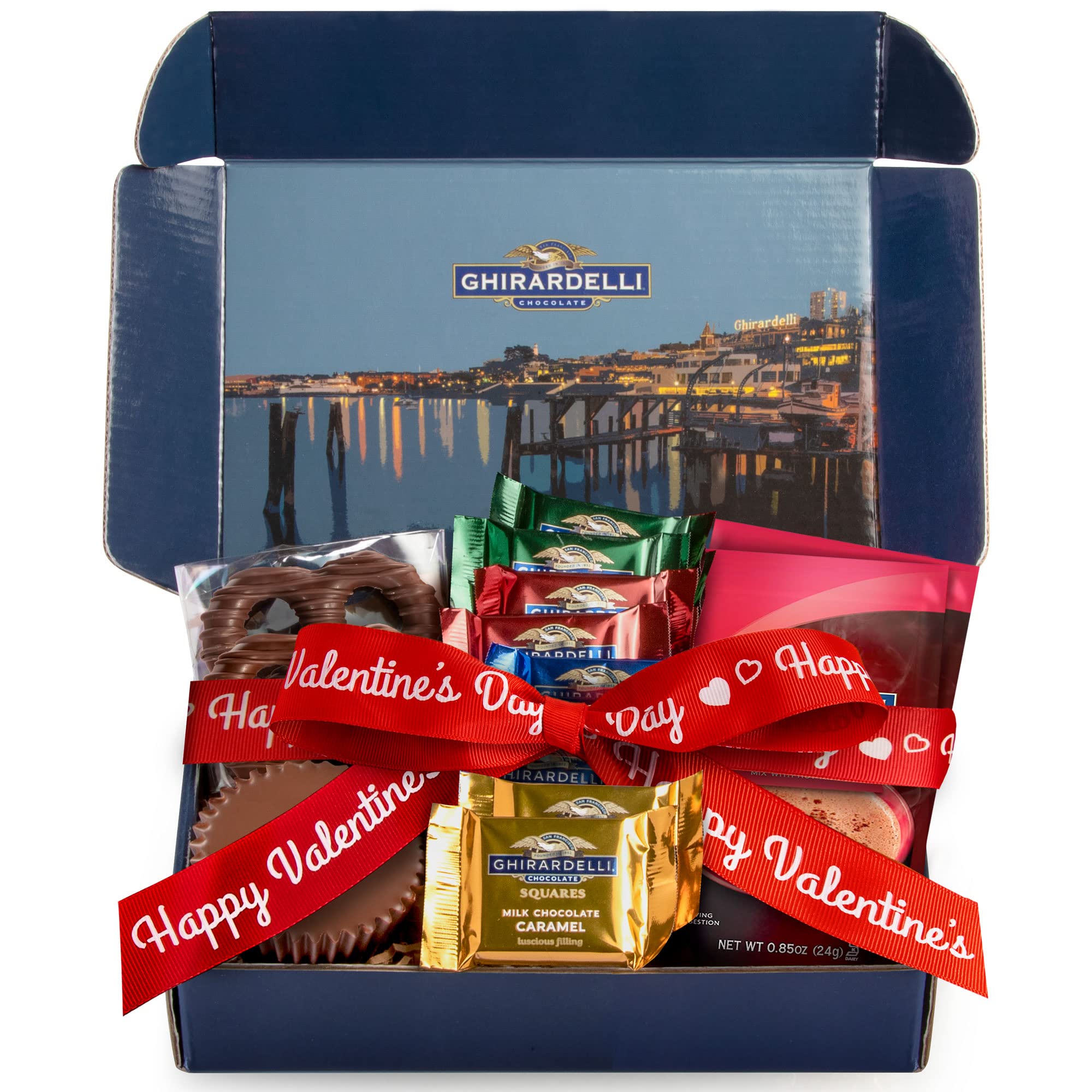 Ghirardelli gift box opened showcasing chocolates, ideal for Valentine gifting.