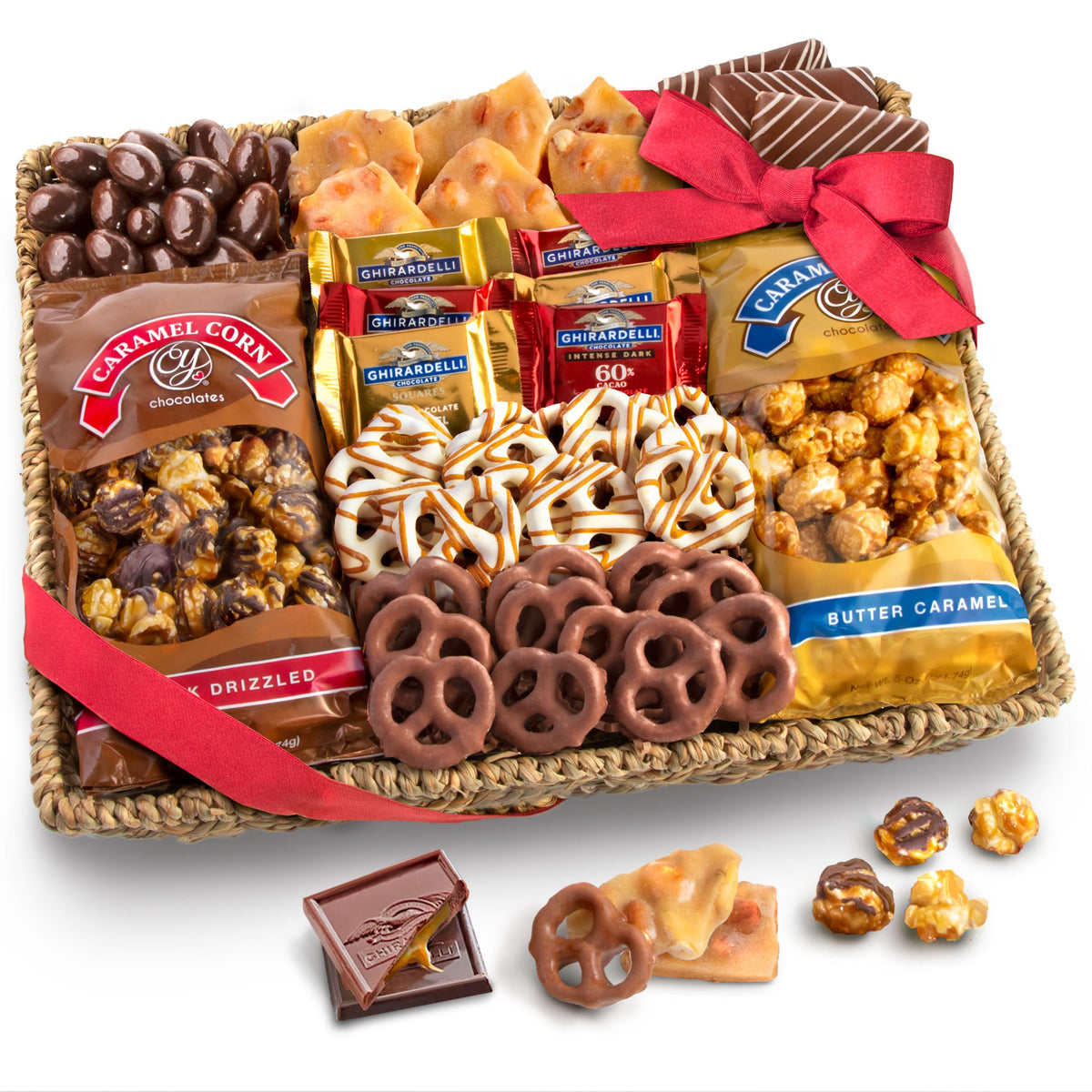 A Gift Inside grand gift basket featuring chocolate, caramel, and crunch for celebrations