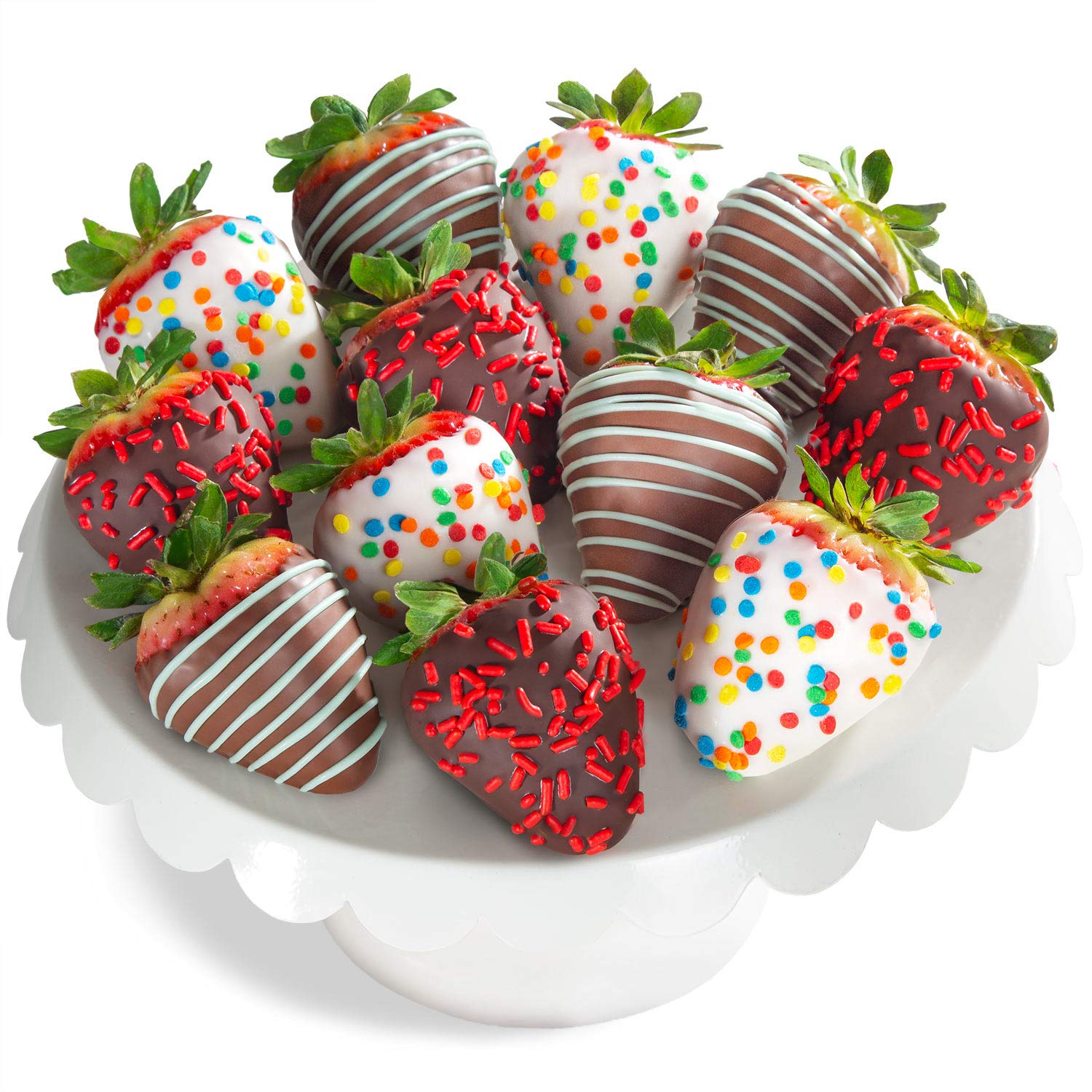 A Gift Inside Happy Birthday strawberries, front view, twelve festive dipped berries ready for gifting.