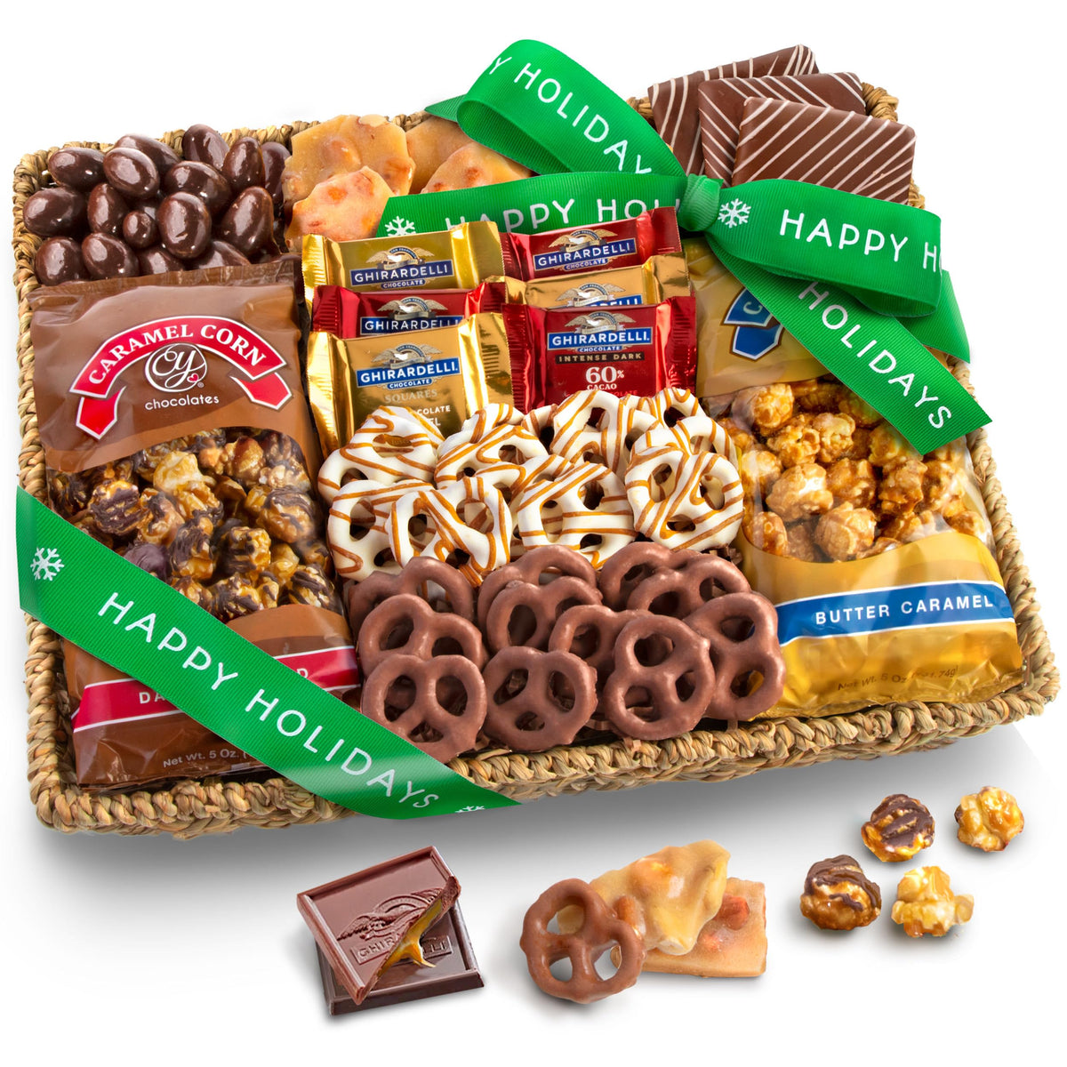 A Gift Inside Happy Holidays basket with chocolates and caramel corn for gifting