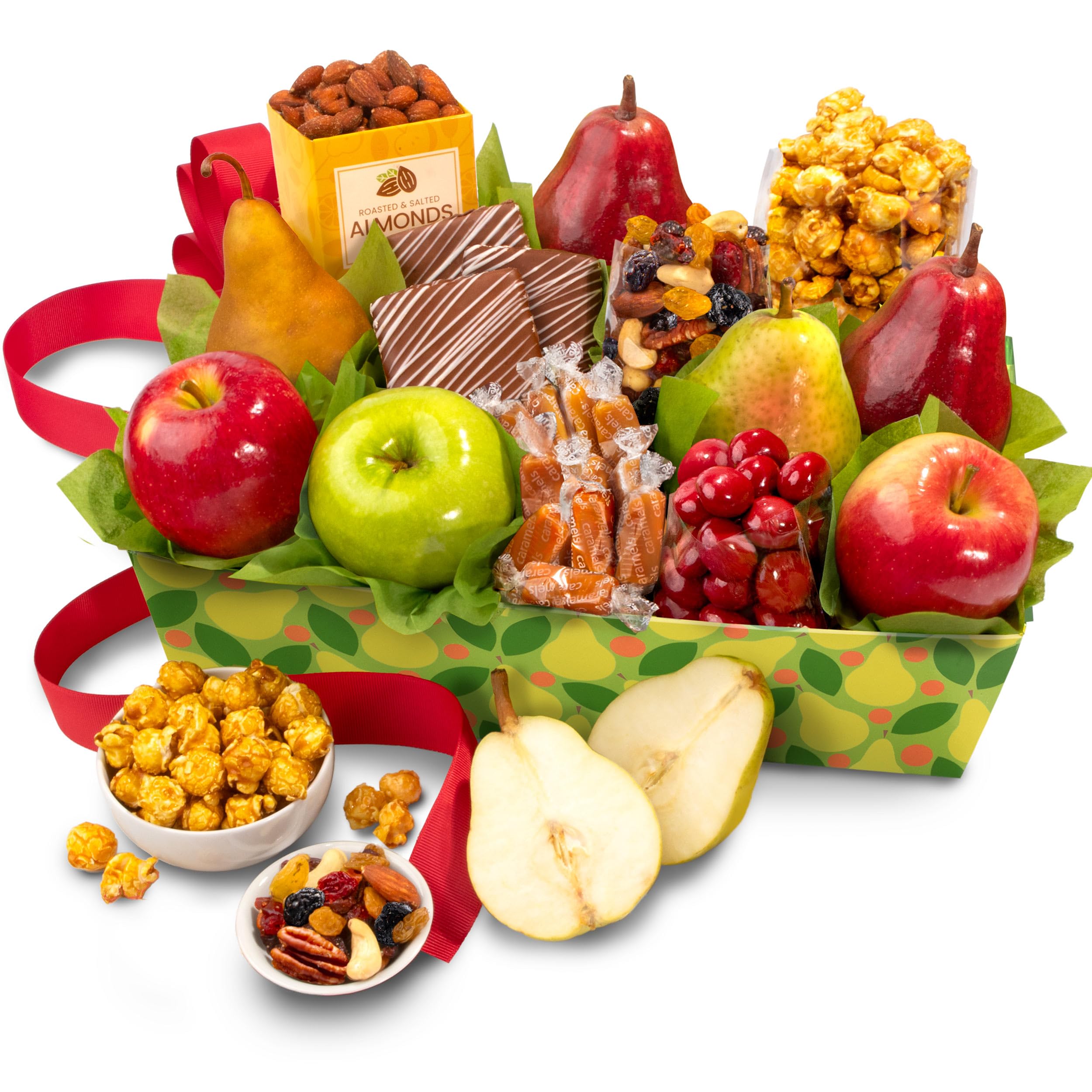 A Gift Inside Orchard Delight fruit basket on a printed tray, ideal for gifting occasions