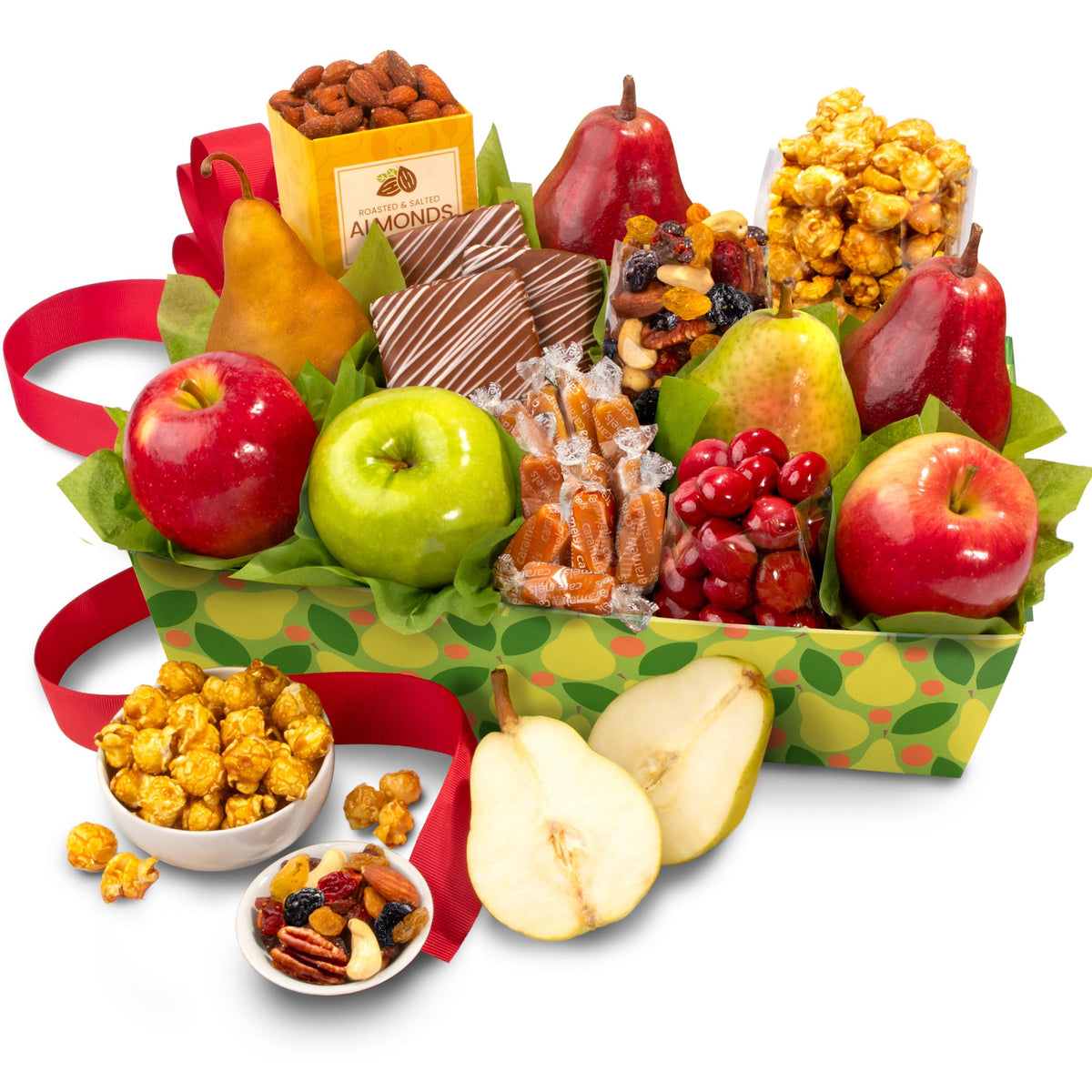 A Gift Inside Orchard Delight fruit basket on a printed tray, ideal for gifting occasions