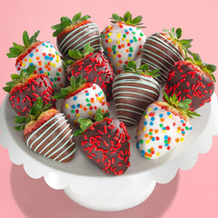 A Gift Inside milk chocolate dipped strawberries, rich coating for birthday celebrations.