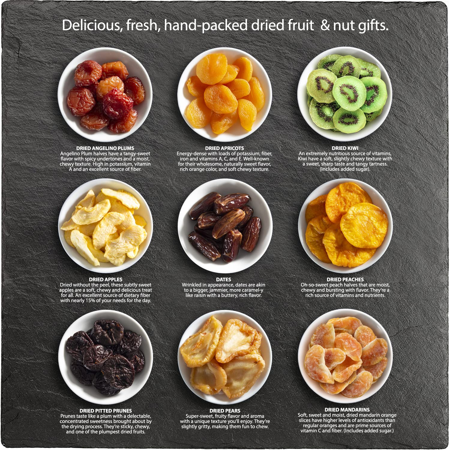 Hand-packed dried fruit in cheerful flower design ideal for business gifts.