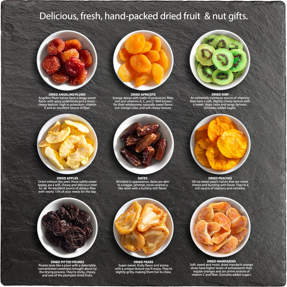 Hand-packed dried fruit in cheerful flower design ideal for business gifts.