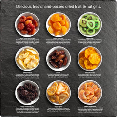 Hand-packed dried fruit in cheerful flower design ideal for business gifts.
