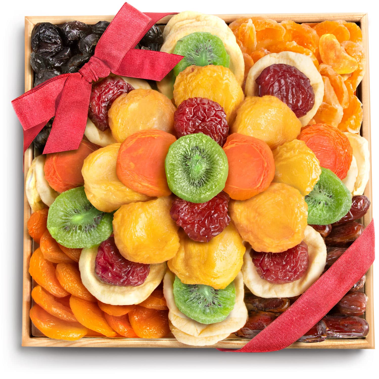 A Gift Inside Sweet Bloom dried fruit bouquet in a woven basket, a fiber-rich gift option.