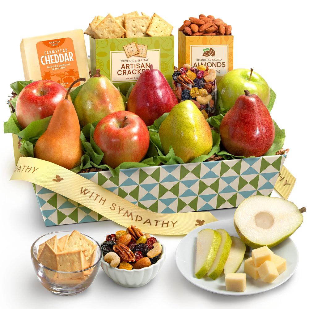 A Gift Inside Sympathy Fruit Basket natural cheddar cheese highlights a savory pairing for sharing memories.