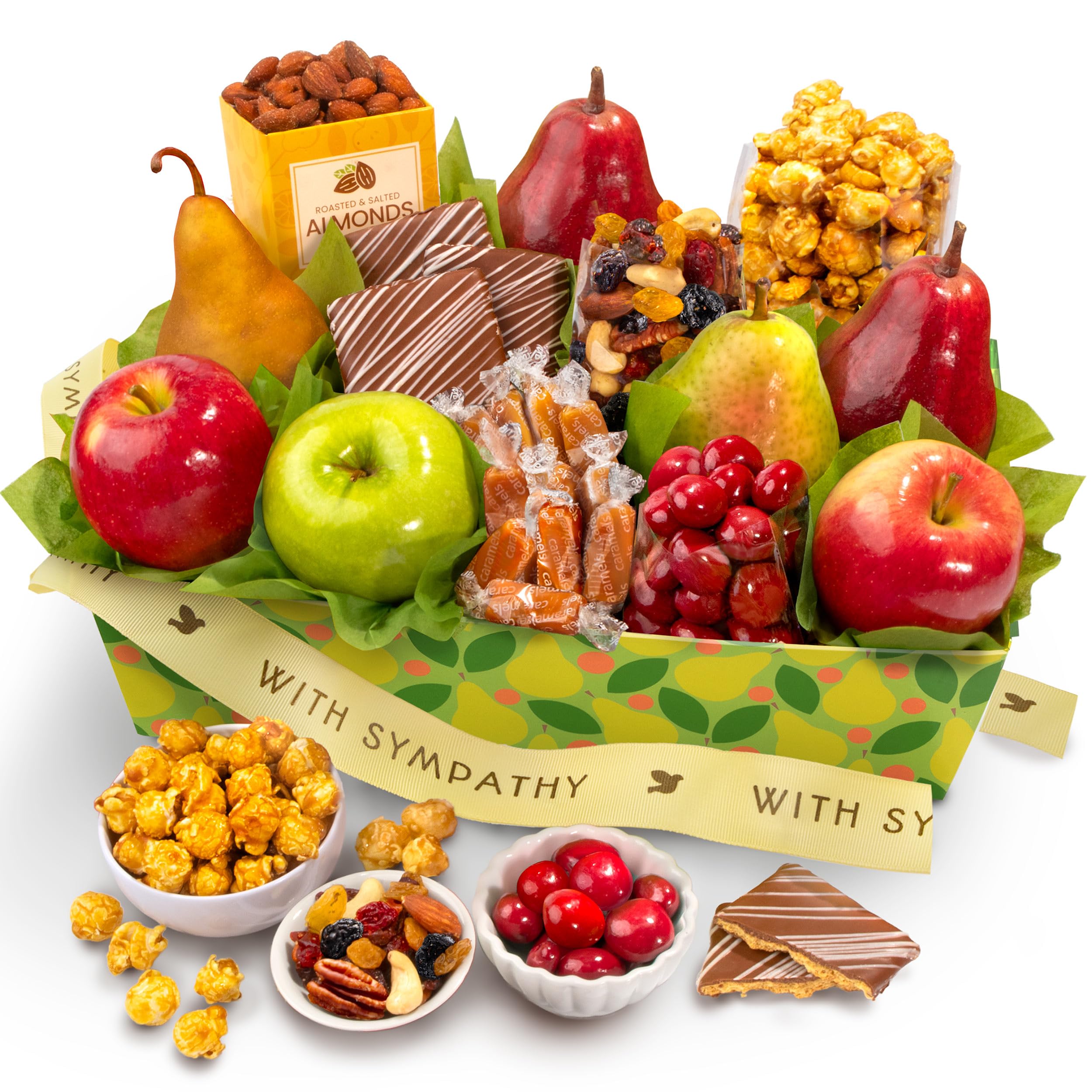 A Gift Inside Sympathy Orchard Delight Basket with fresh fruit in a printed tray for condolences.