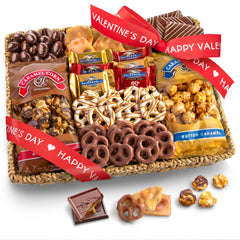 A Gift Inside valentines basket front view with gourmet chocolate and caramel corn