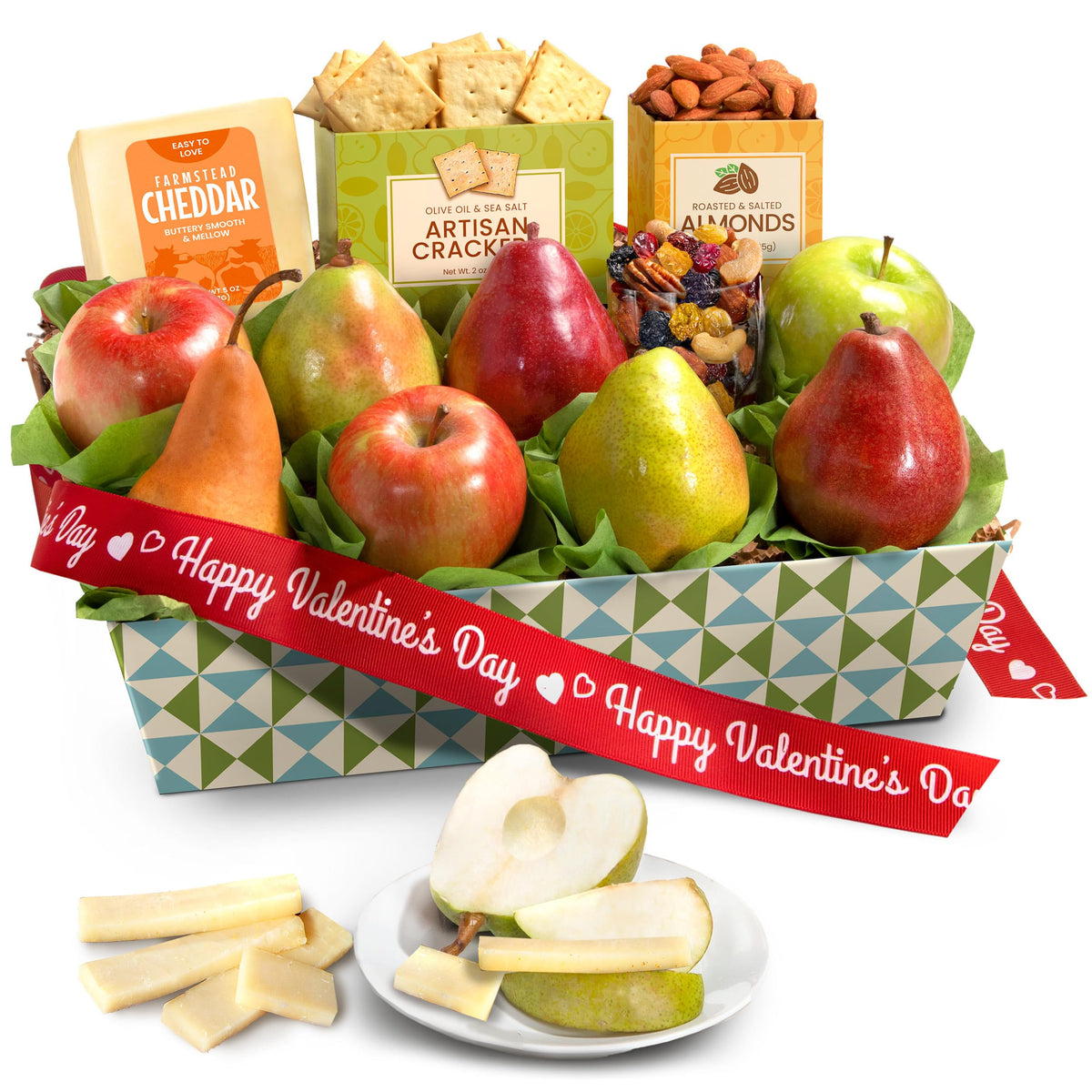 A Gift Inside pear close-up in Valentine fruit basket, fresh and juicy for gifting