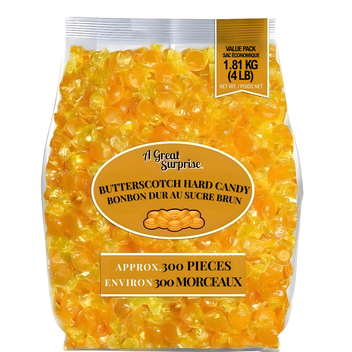 A Great Surprise butterscotch discs in packaging, ideal for bulk display at events