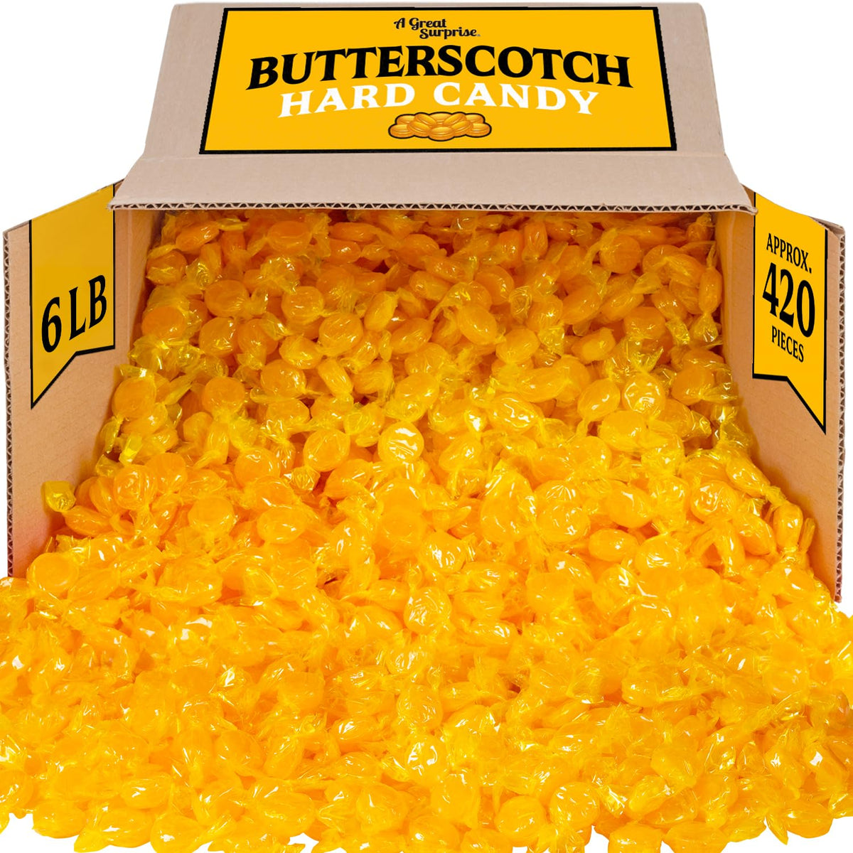 A Great Surprise butterscotch hard candy bulk bag ideal for parties and candy buffets.