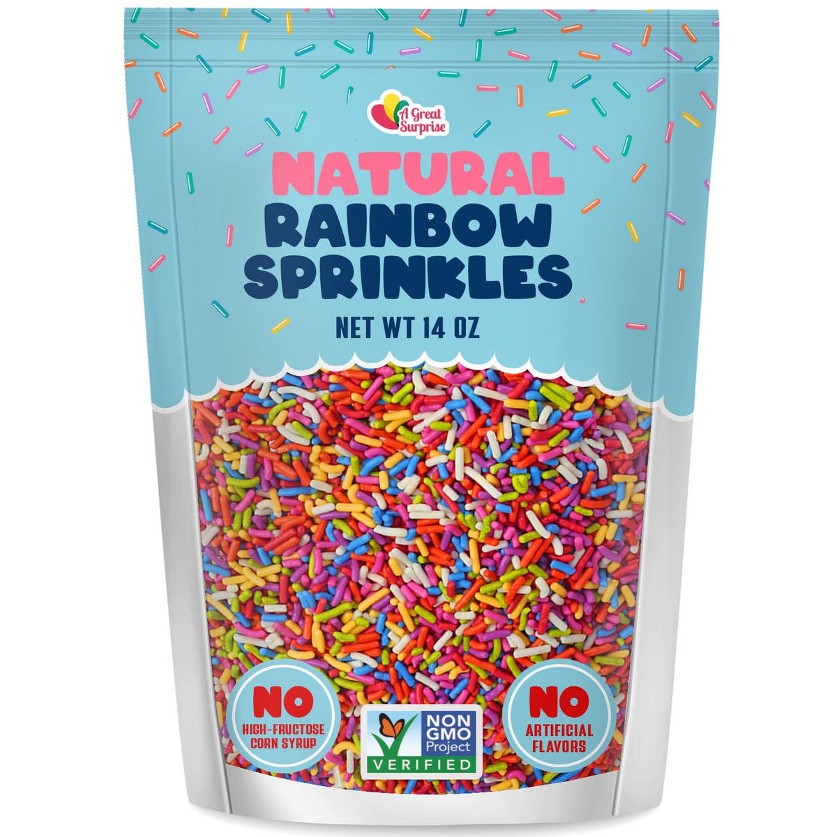 A Great Surprise dye-free rainbow sprinkles in a 14 oz bag for colorful desserts.