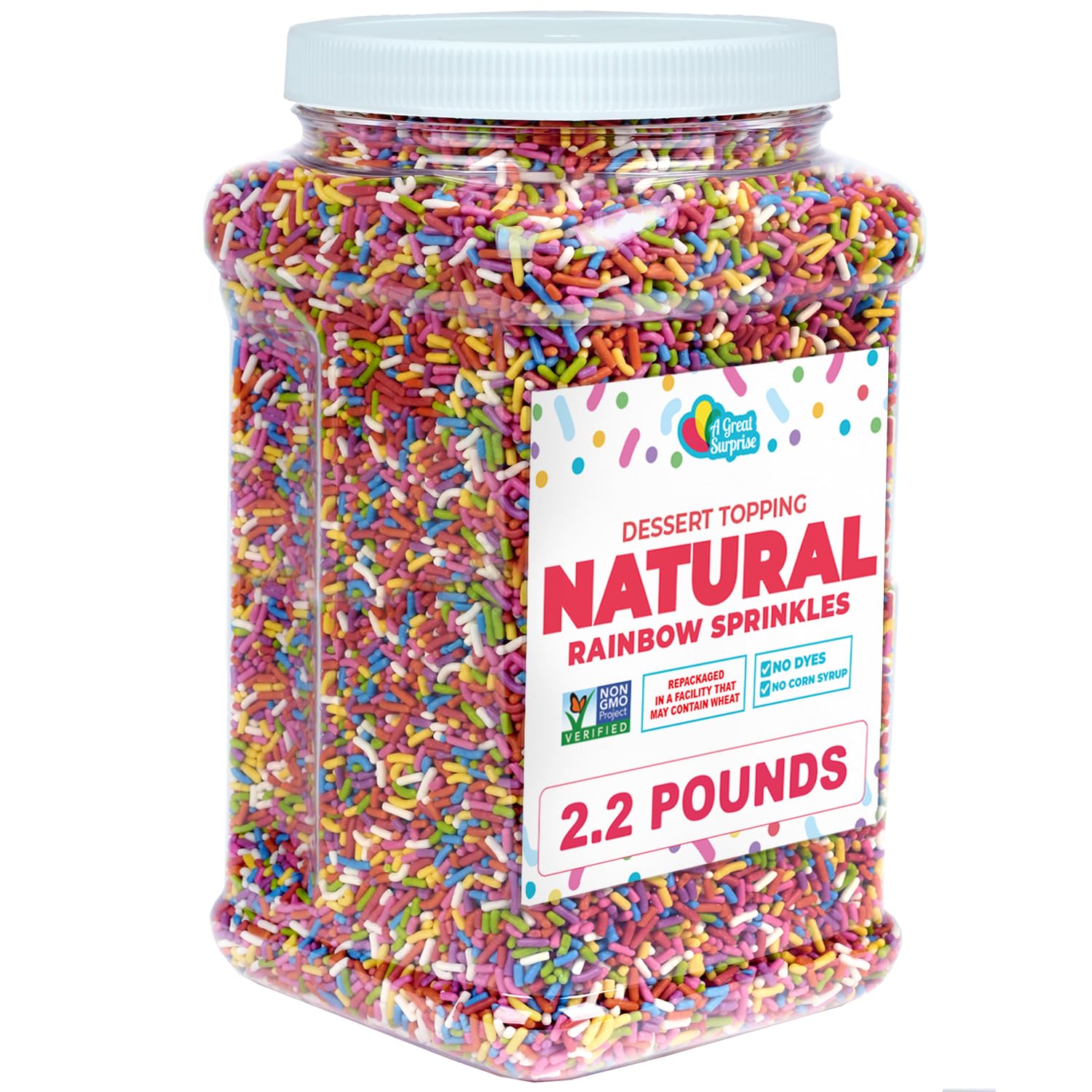A Great Surprise dye-free rainbow sprinkles bulk container ready for celebrations