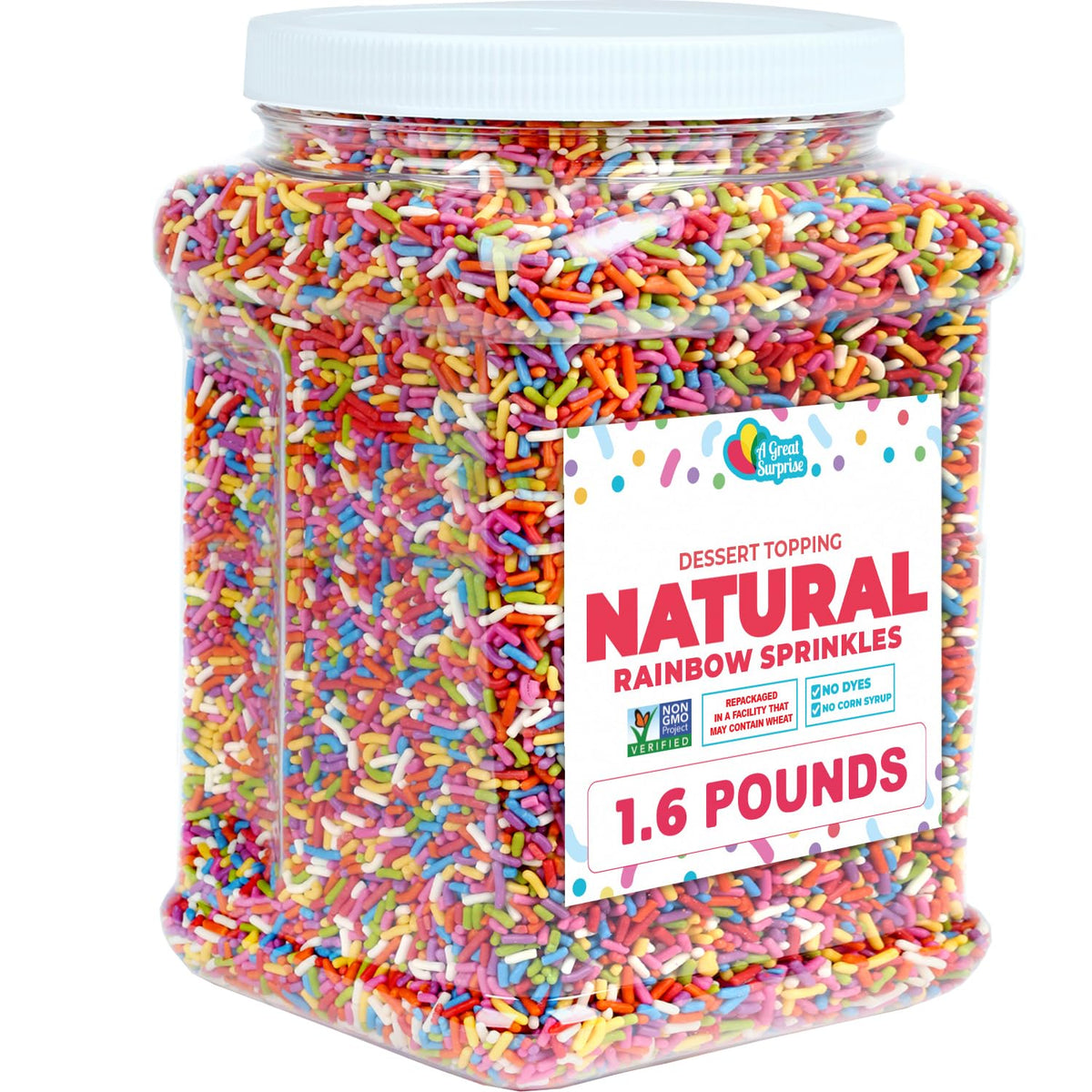 A Great Surprise rainbow sprinkles in a jar add vibrant color safely to desserts
