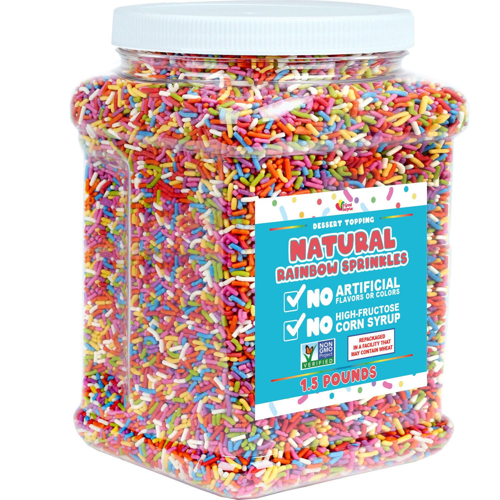 A Great Surprise dye-free rainbow sprinkles in a one-and-a-half-pound bag for colorful desserts