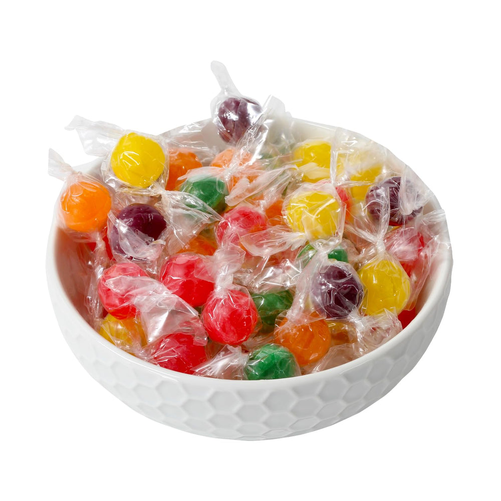 A Great Surprise fruit balls display ready for a colorful candy dish at events.