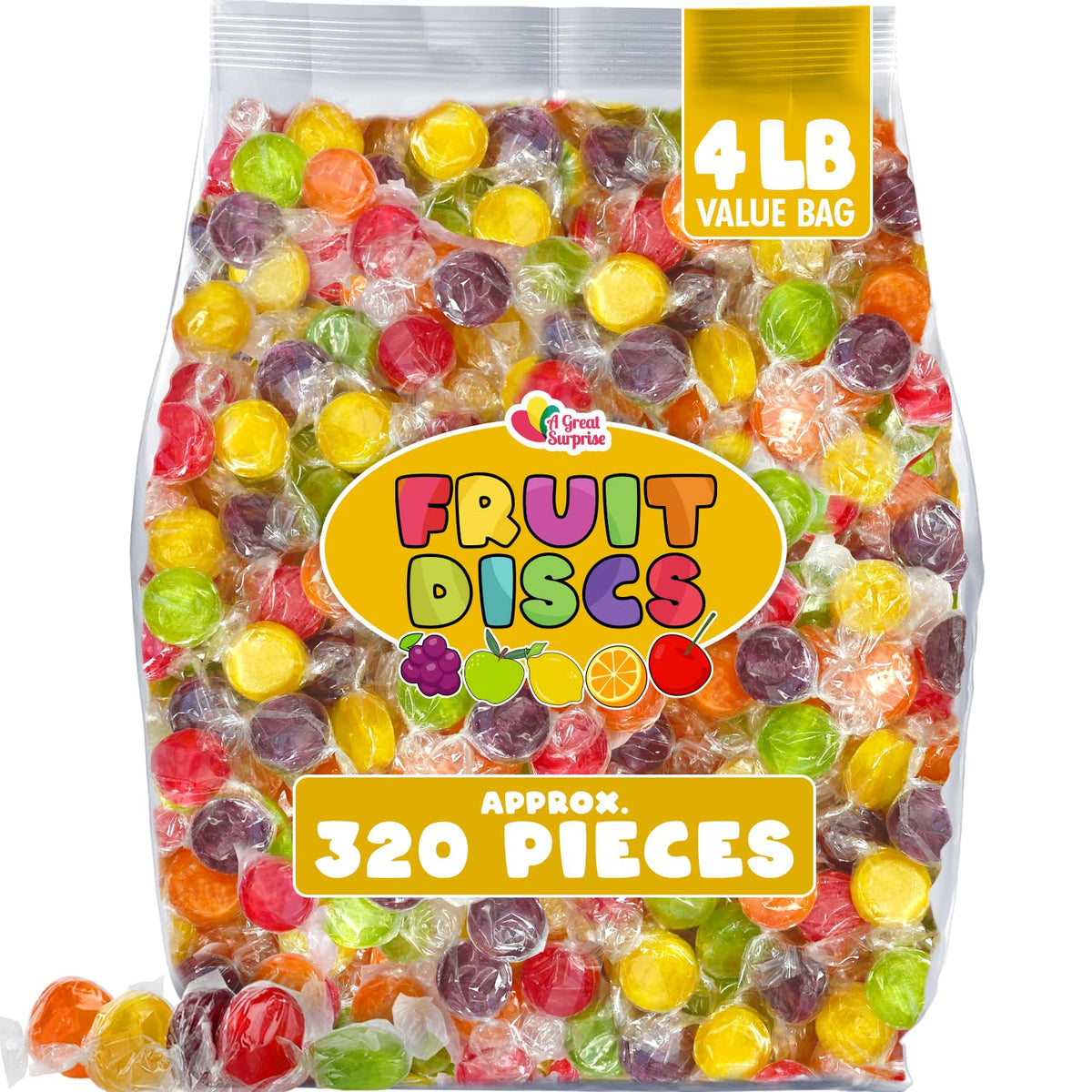 A Great Surprise fruit discs in a colorful mixed bag ideal for sharing.