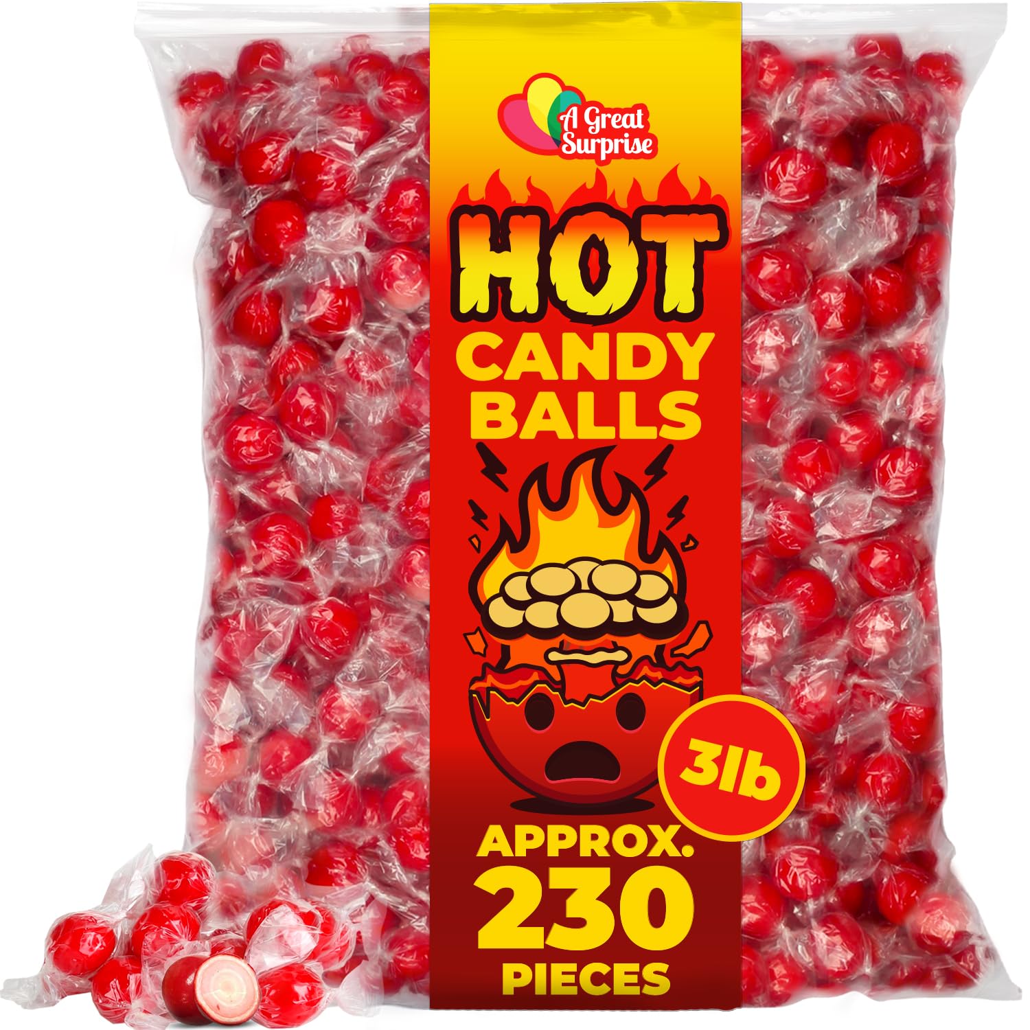 A Great Surprise hot cinnamon candy balls in a 3-lb bulk pack for sharing.