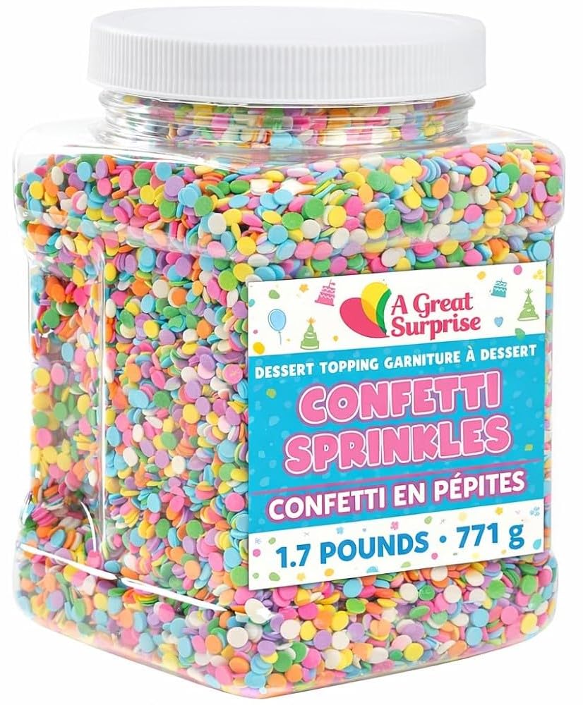 A Great Surprise rainbow sprinkles bulk container adds vibrant color to baked desserts.