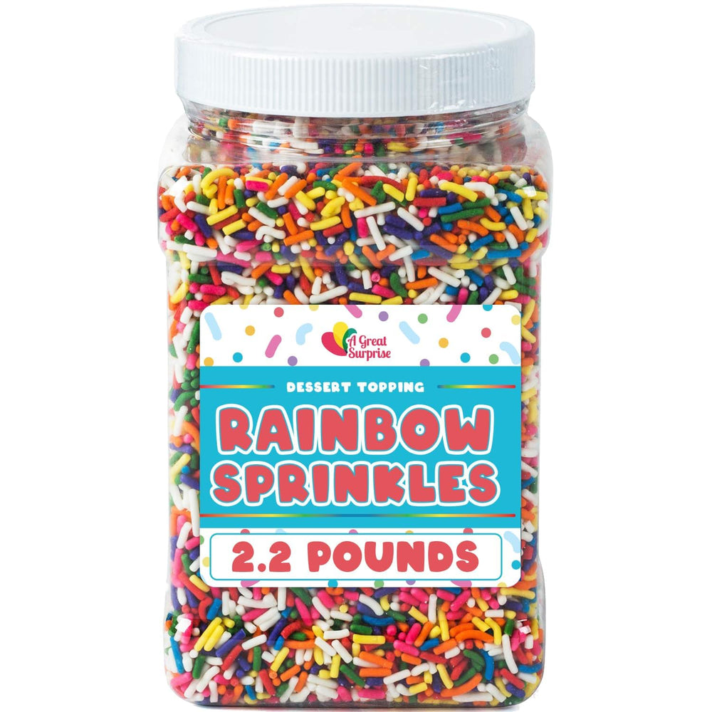 A Great Surprise Rainbow Sprinkles topping for party treats and celebrations.