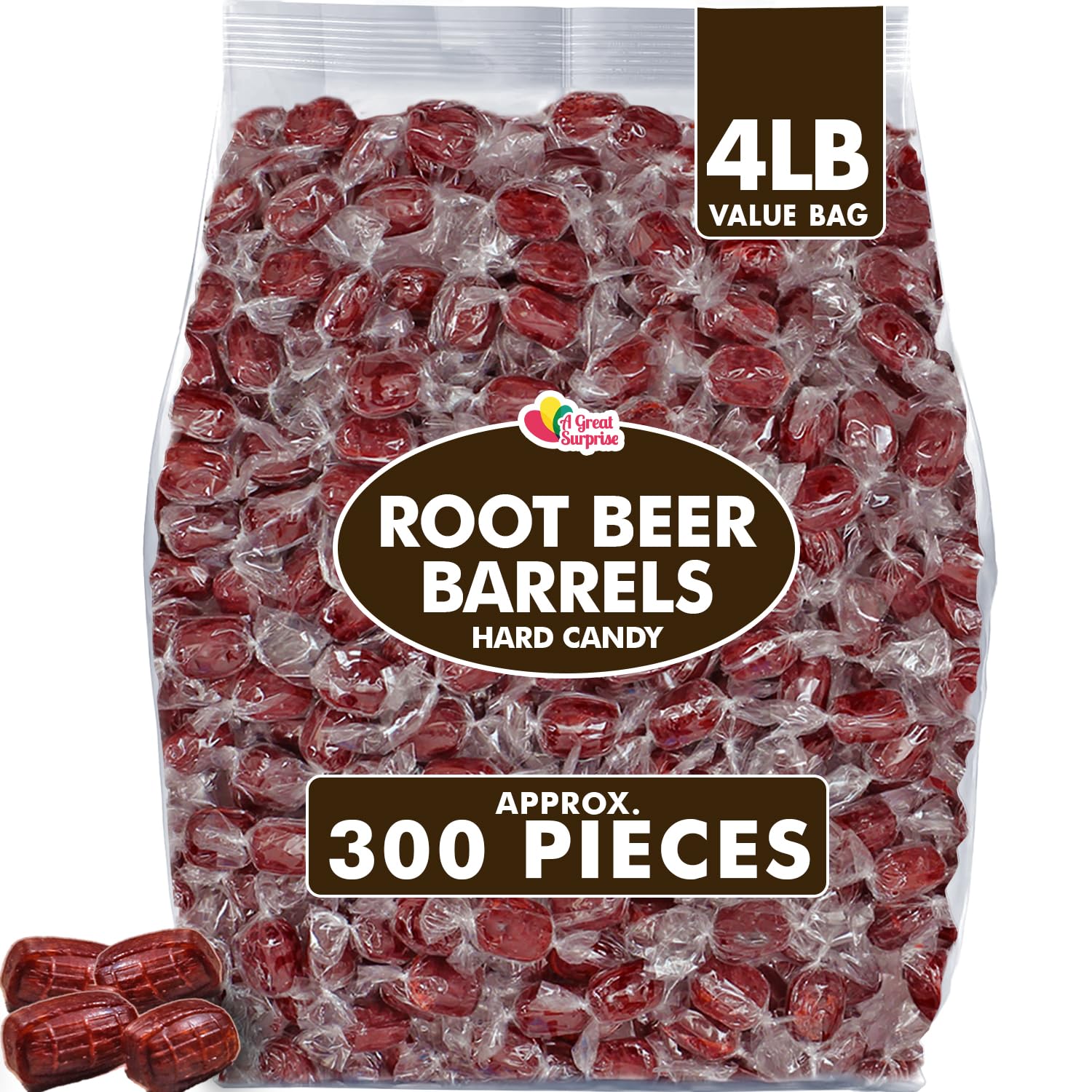 A Great Surprise Root Beer Barrels packaging shows individually wrapped candies for sharing.