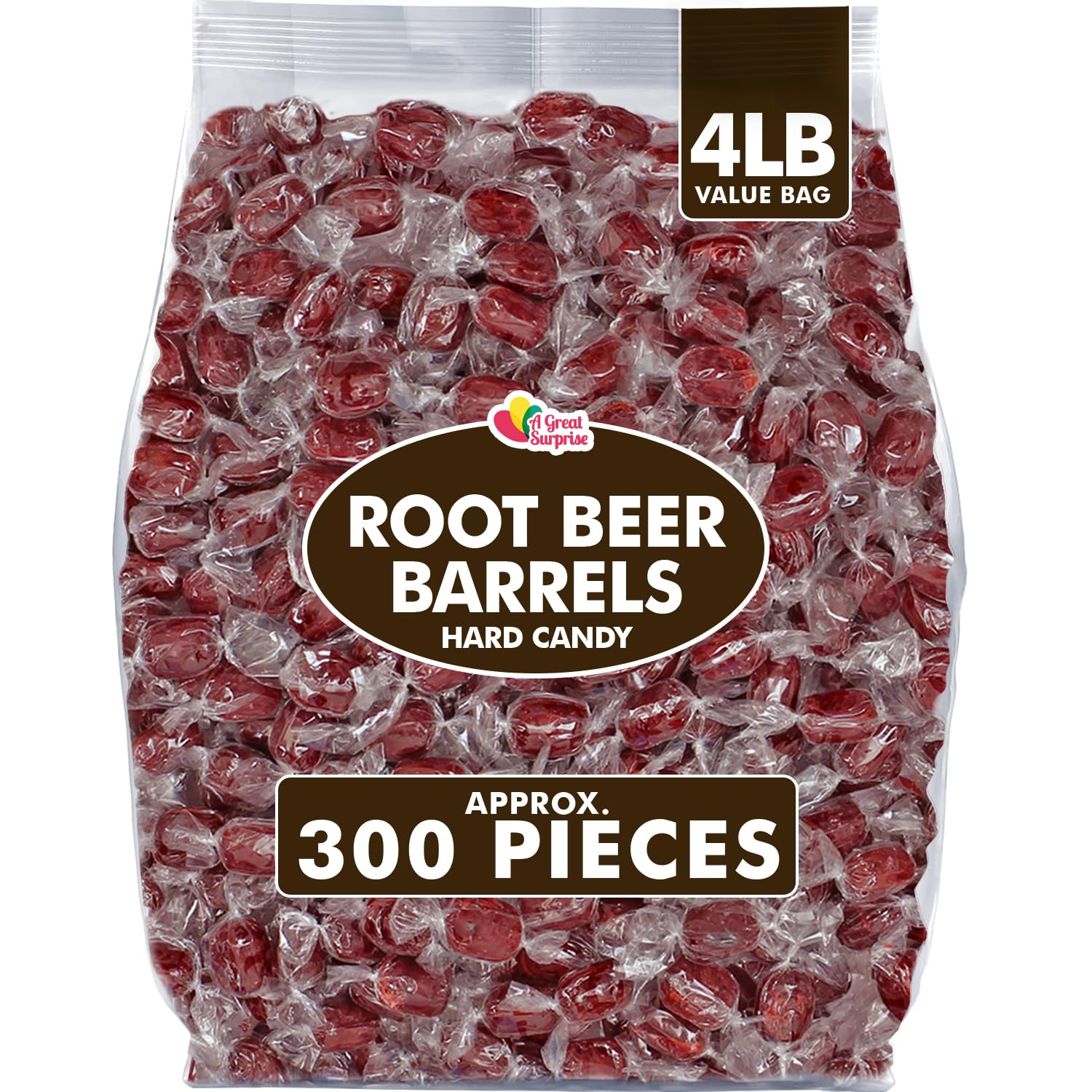 Back label of A Great Surprise Root Beer Barrels showing ingredients and allergen note.