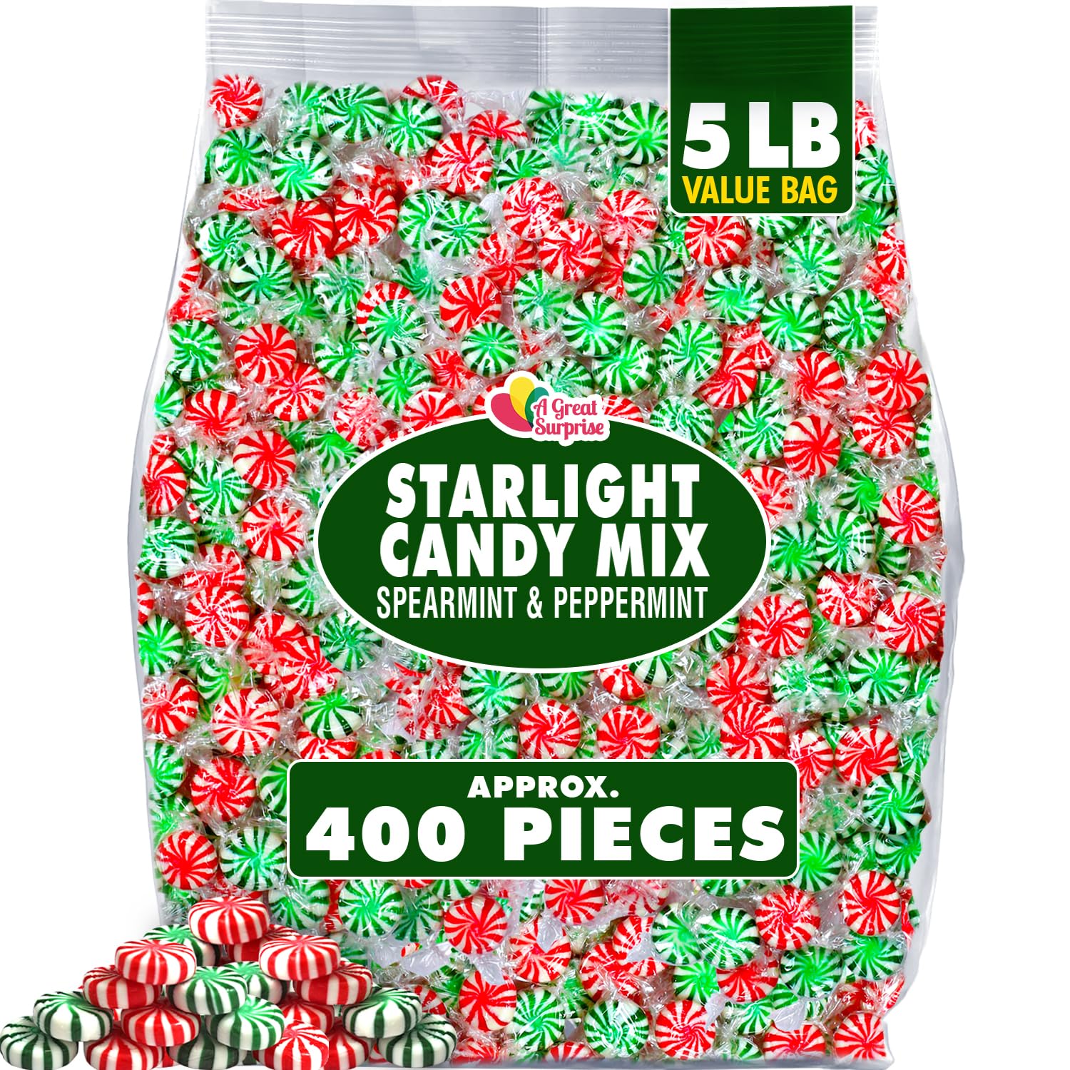 A Great Surprise Starlight Mint bulk bag with peppermint and spearmint flavors for gatherings.