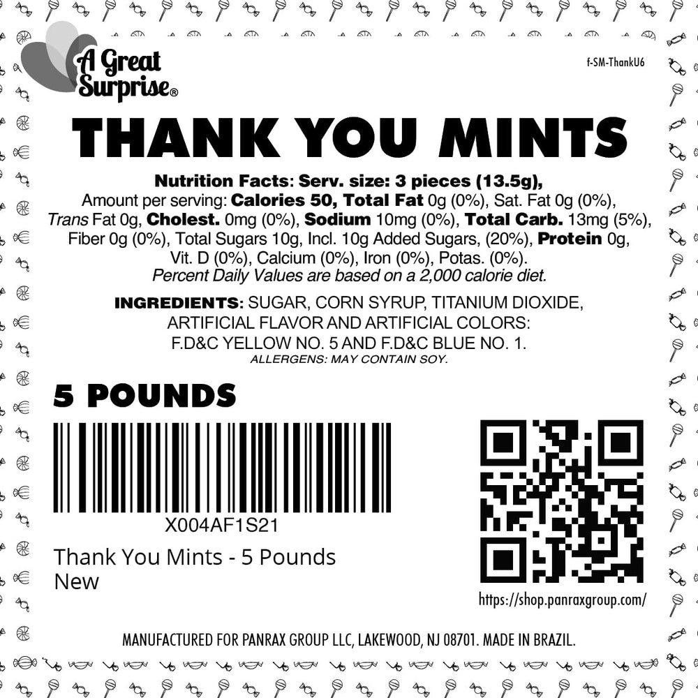 A Great Surprise Thank You mints for gift baskets, offering a tasteful guest treat.
