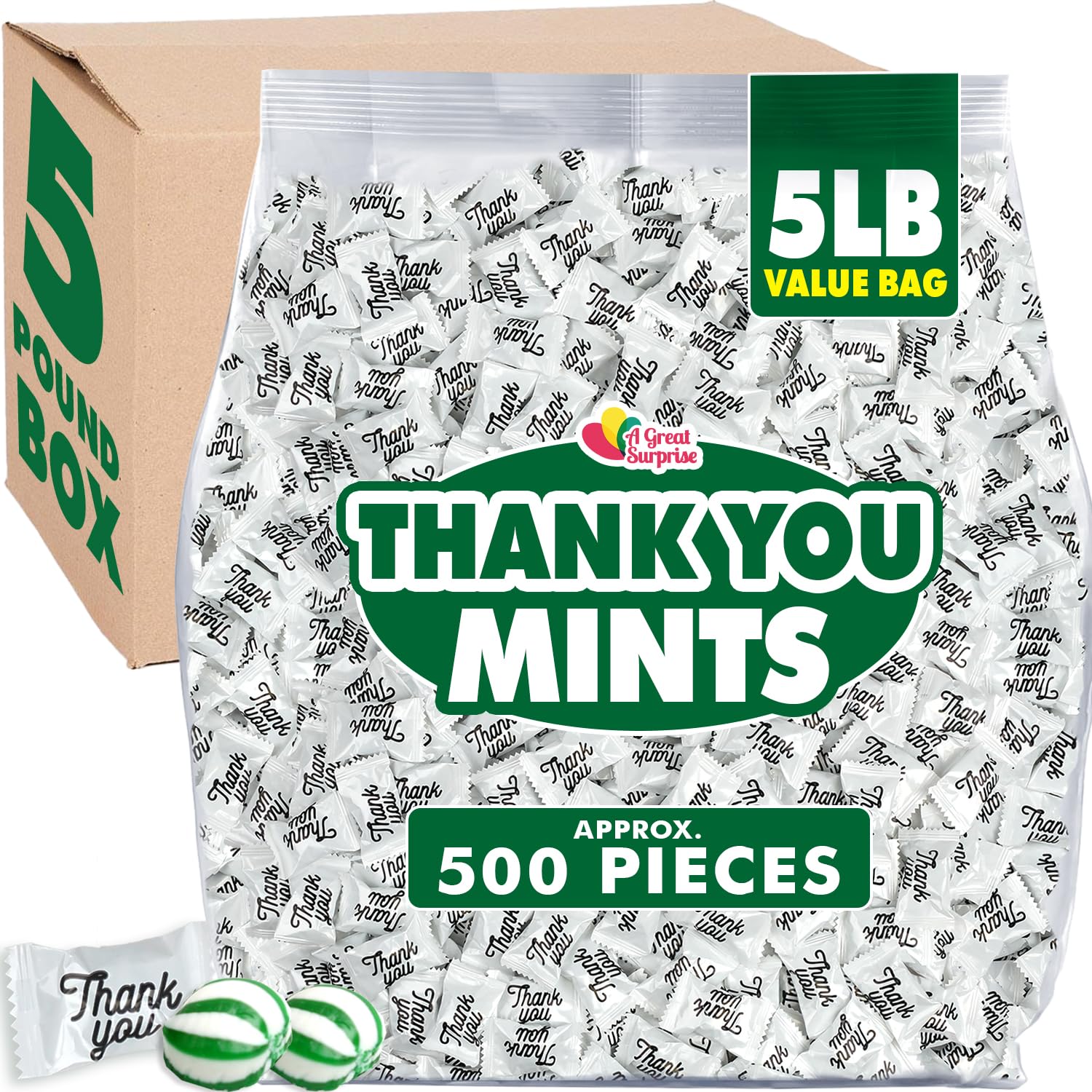 A Great Surprise Thank You mints packaging closeup for hospitality and gifting.